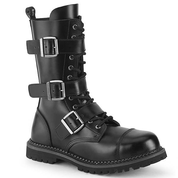 Demonia Men's Riot-12BK Mid Calf Combat Boots - Black Leather D9836-50US Clearance